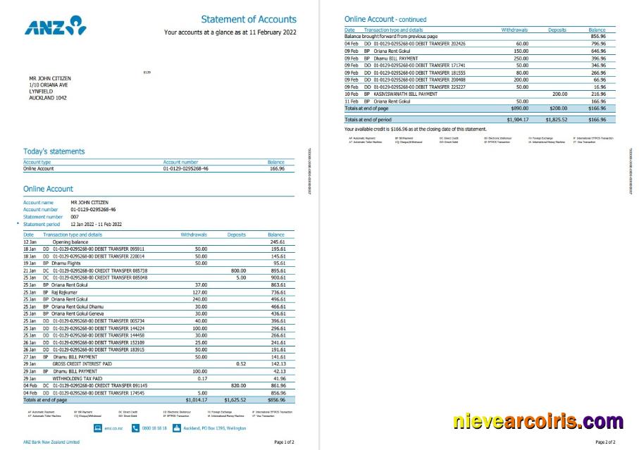 New Zealand ANZ bank statement version 2, 2 pages